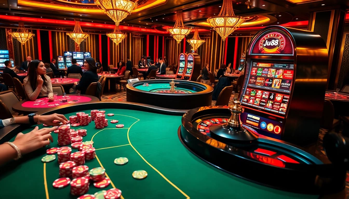 Experience thrilling gameplay at Jun88 with vibrant poker chips and casino tables.