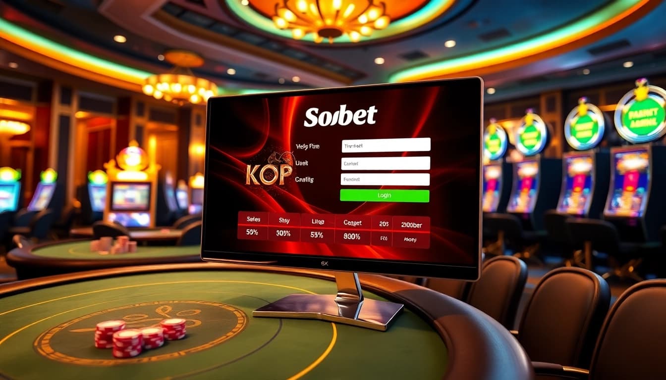 Engage with Sbobet link alternatif at a luxurious casino featuring vibrant gaming tables and a sleek digital interface.