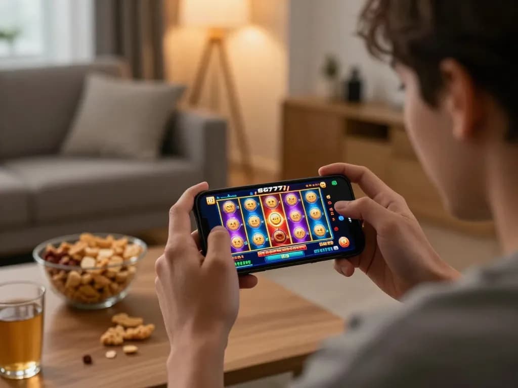 Player engaging with the SG777 mobile app for casino slots in a cozy home setting.