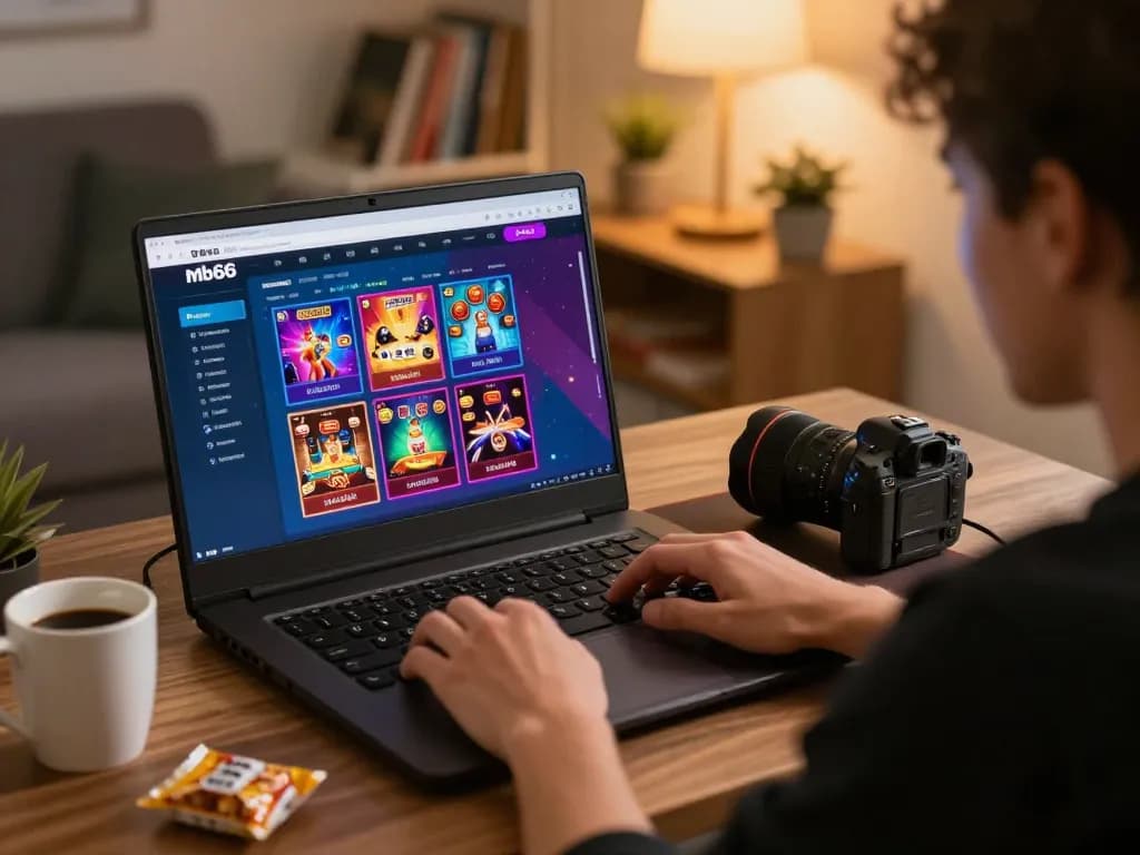 Engaged player enjoying mb66 online gaming experience on laptop, showcasing casino games and cozy atmosphere.