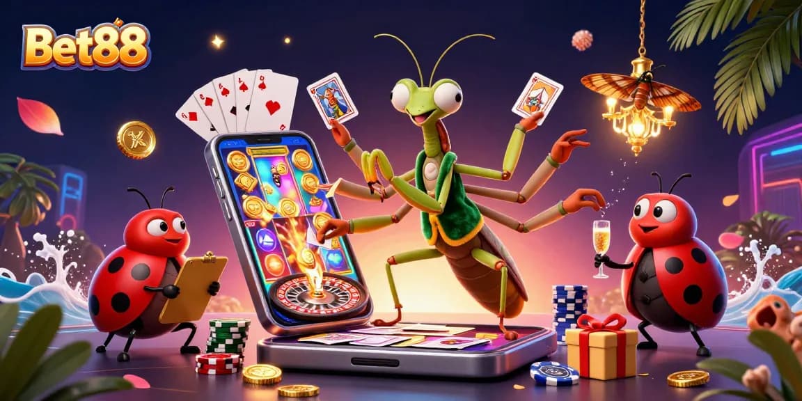 Bet88 showcases a lively casino scene with a mantis dealer, ladybug pit boss, and vibrant gaming elements.