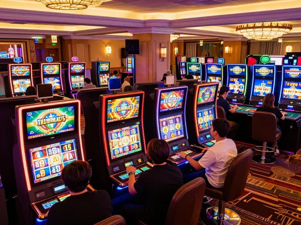 Players spinning reels at TG88 casino slot machines in a vibrant gaming area