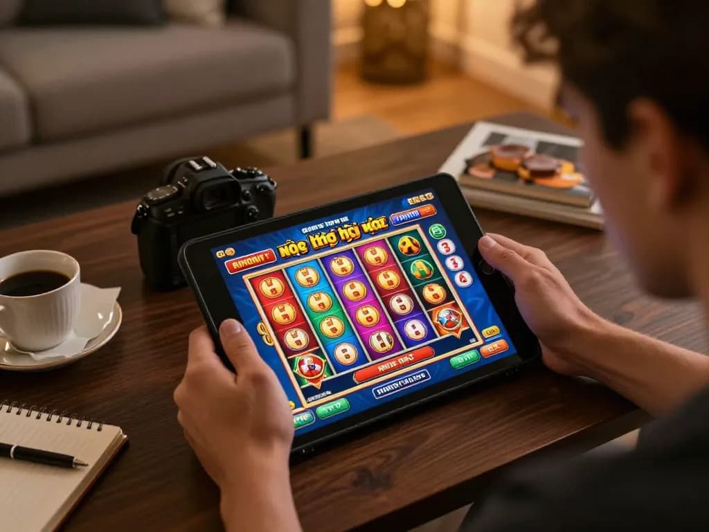 Engaging player enjoying nổ hũ đổi thưởng on tablet amidst cozy home environment with vibrant gaming visuals.