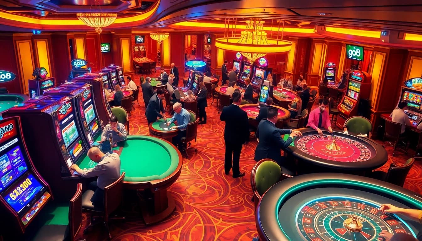 Exciting casino scene featuring players engaged at go8 tables, showcasing vibrant slot machines and luxury design.