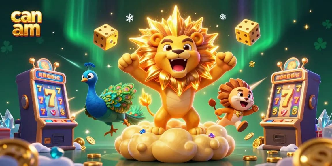 Engage with thrilling can am slot machines as golden dice and a roaring lion create an electrifying casino scene.