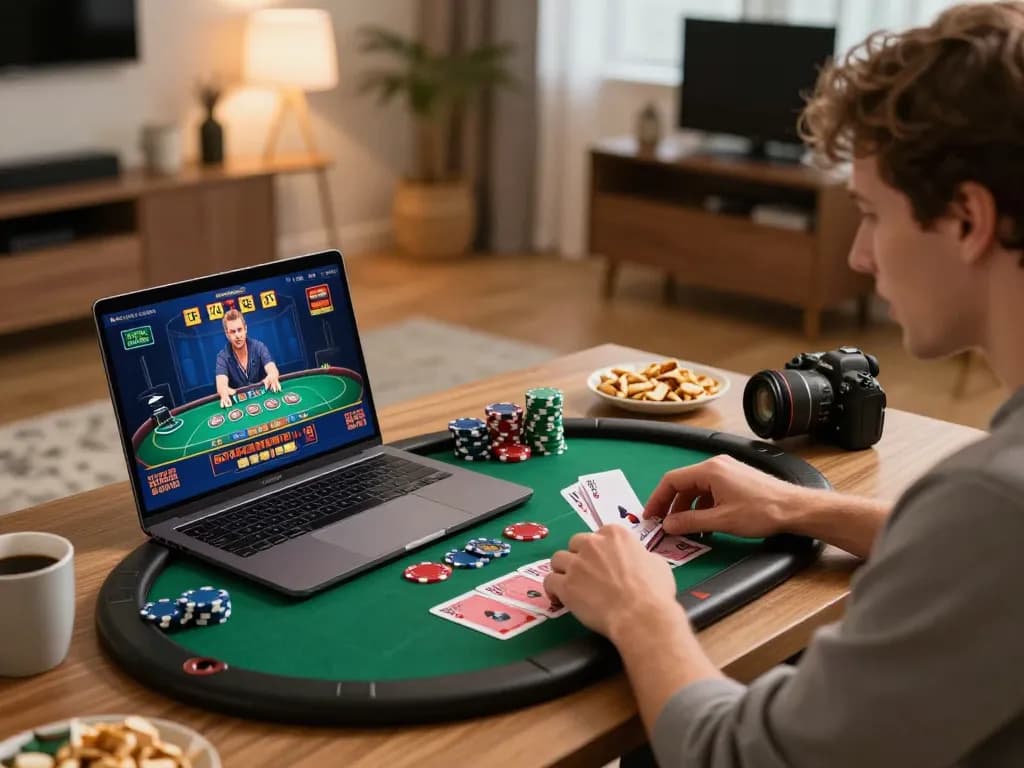 Engaging in Canada online casinos with laptop gaming and live poker action.