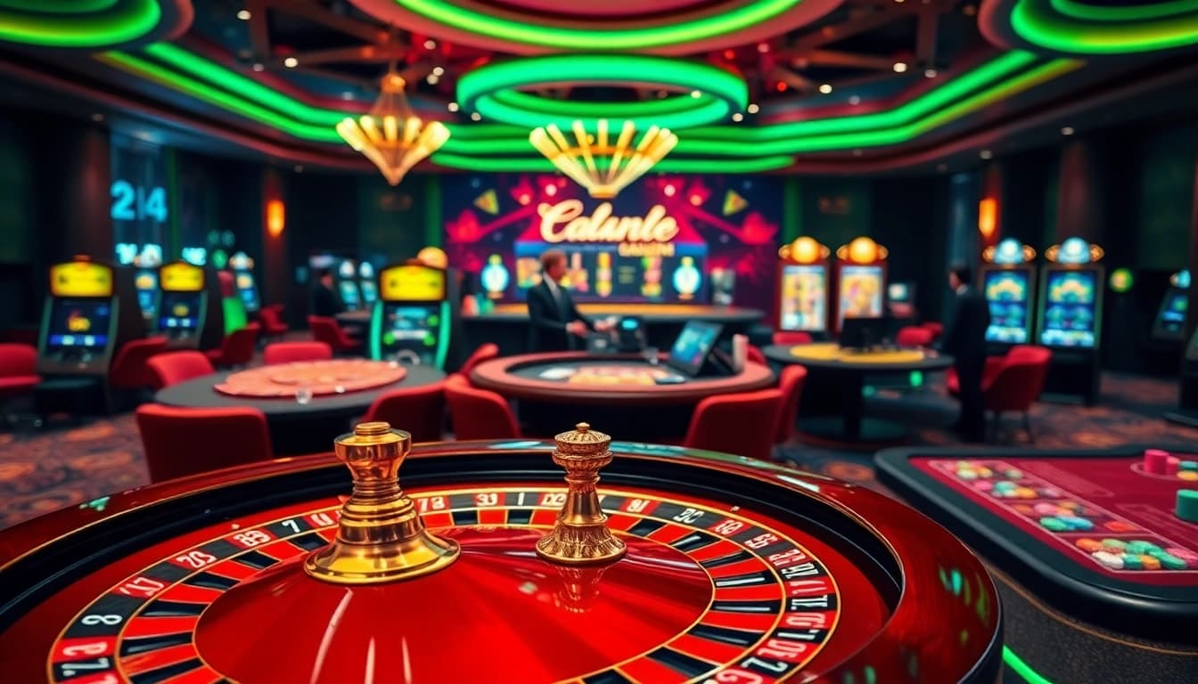 Experience thrilling gameplay at https://luck882.co.com/ with vibrant casino scenes featuring roulette wheels and excited players.