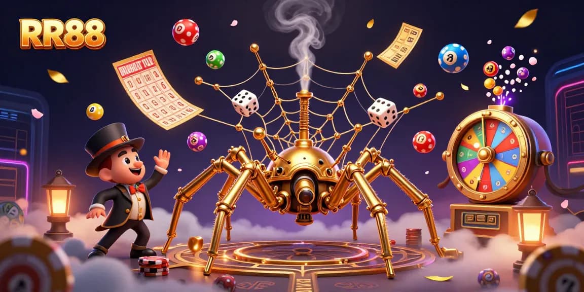 Experience the thrill of RR88 with a dynamic casino-themed illustration showcasing vibrant lottery action.