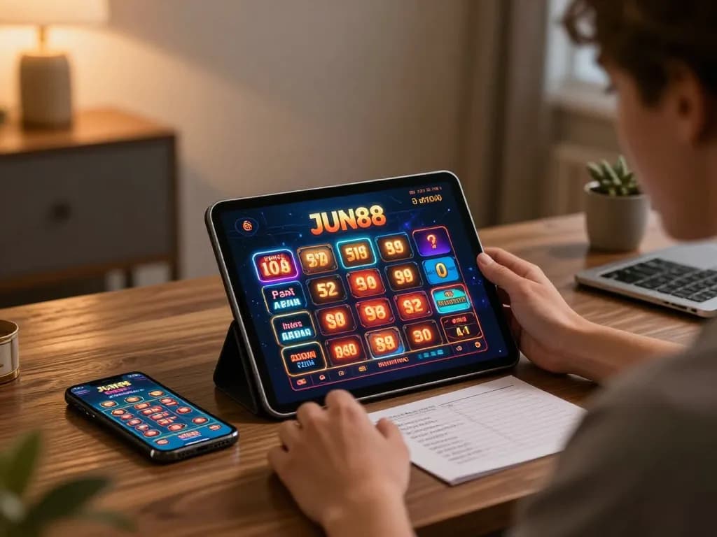 Engage with JUN88 casino app during a cozy home gaming session.