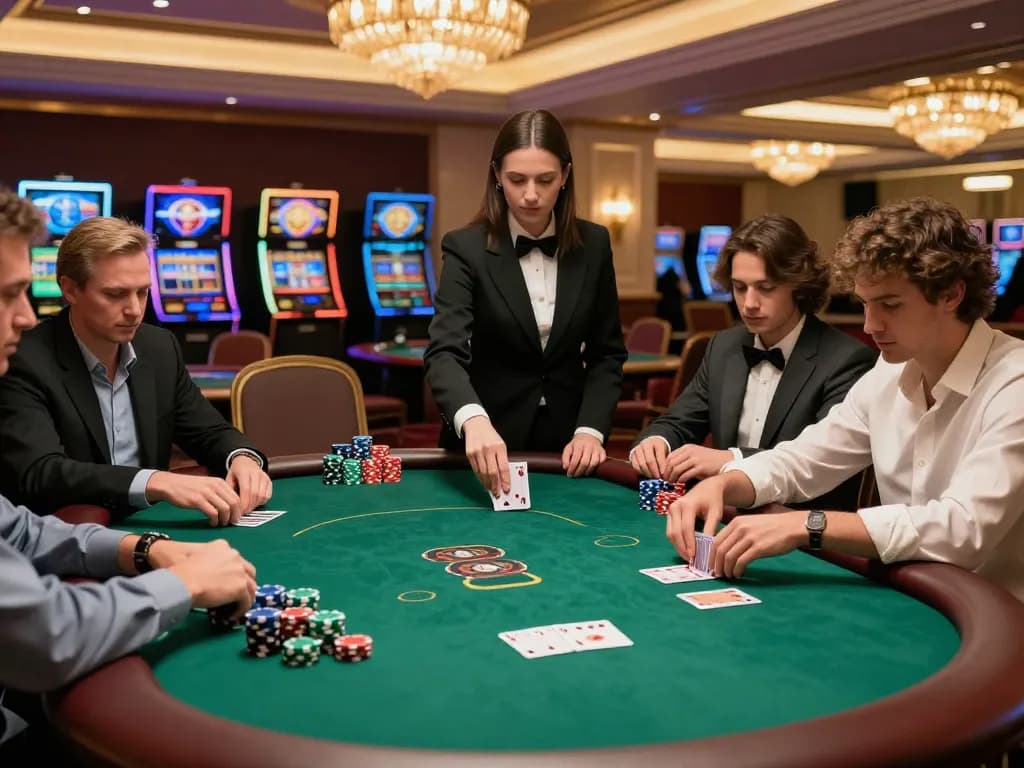 Players engaging in a heated poker game at a luxurious casino table featuring the number 5679, showcasing intense concentration and vibrant chips.