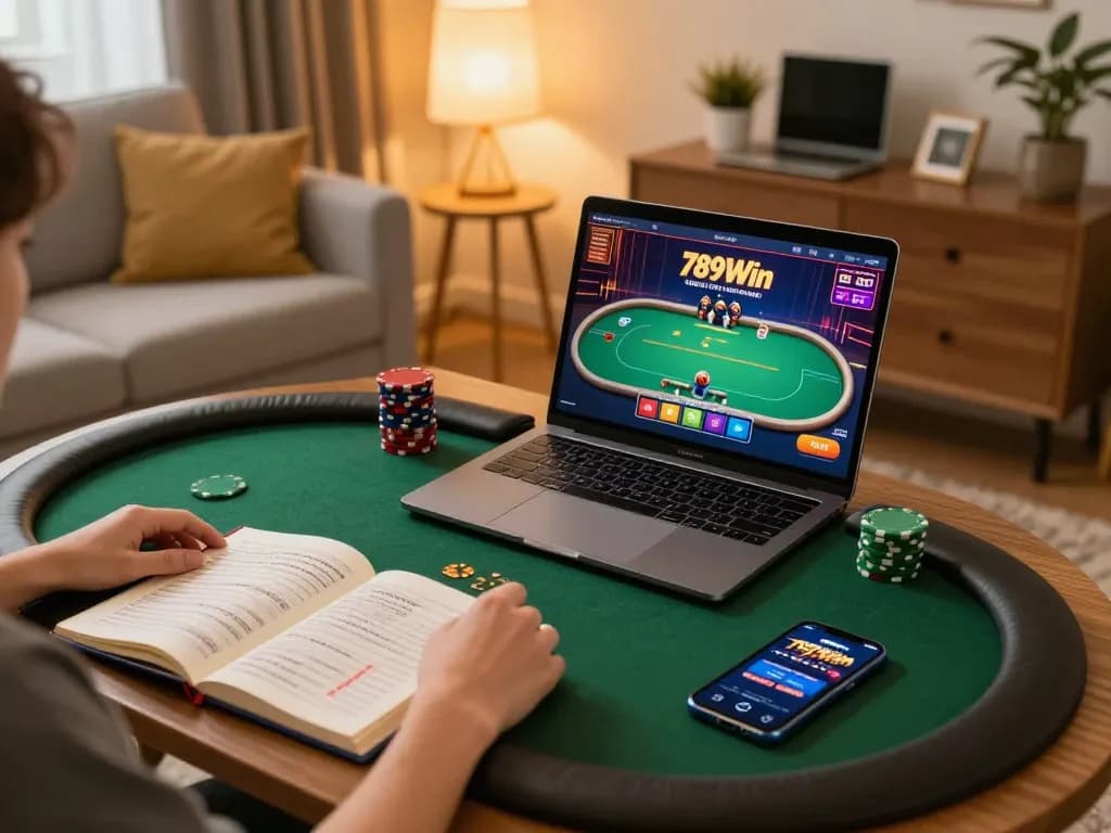Player engaging in online gaming at 789Win, laptop displaying poker game, strategic notes nearby.