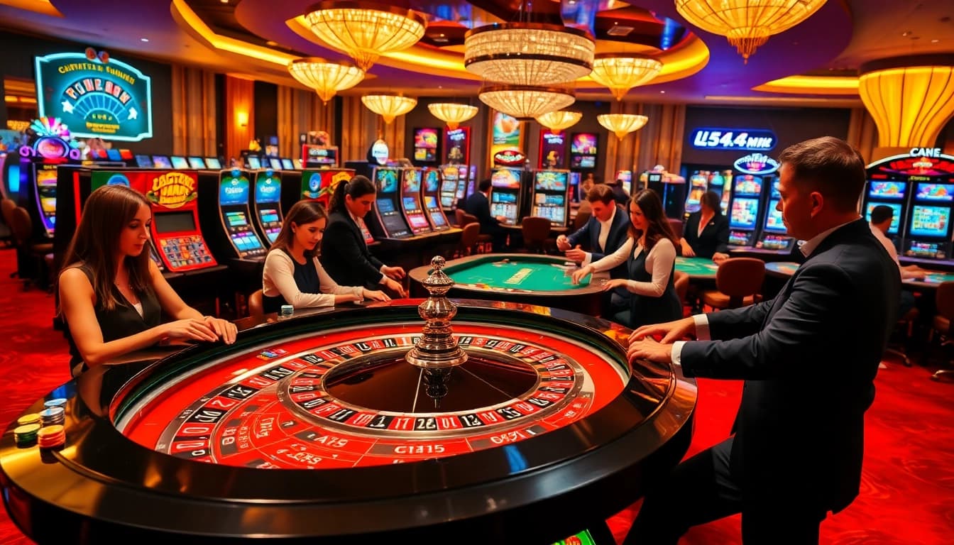 Experience the excitement of L444 Casino with players around a vibrant roulette table.