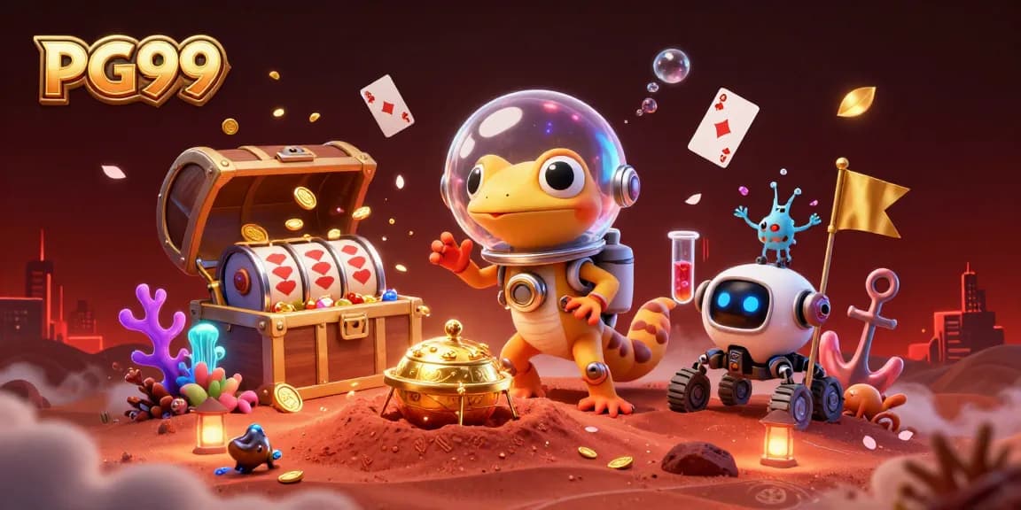 Experience thrilling gameplay at PG99 with a Martian gecko discovering an exciting golden casino.