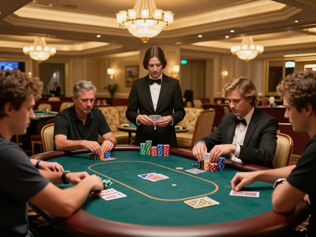 Pemain poker di lokasi mewah di https://withinthesewallsblog.com/2017/ mengalami permainan taktis dengan ekspresi yang terfokus.