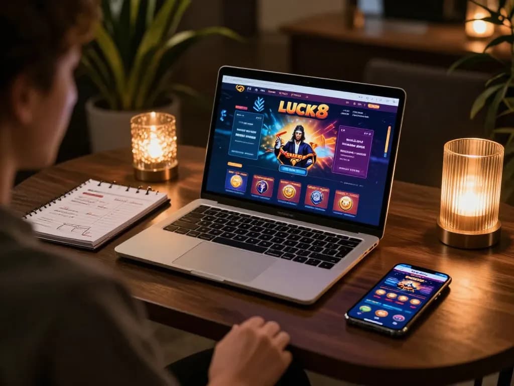 Người dùng LUCK8 tham gia trò chơi casino trực tuyến trên một laptop thời thượng với ghi chú đặt cược và một chiếc điện thoại thông minh gần đó.