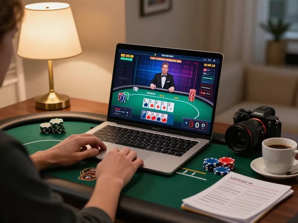 uk88 online gaming session featuring player at laptop with cards visible and cozy atmosphere.