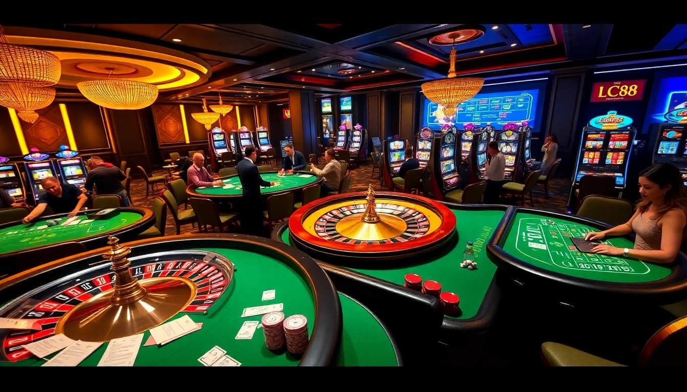 Experience the thrill of gaming at LC88 casino featuring vibrant tables and slot machines.