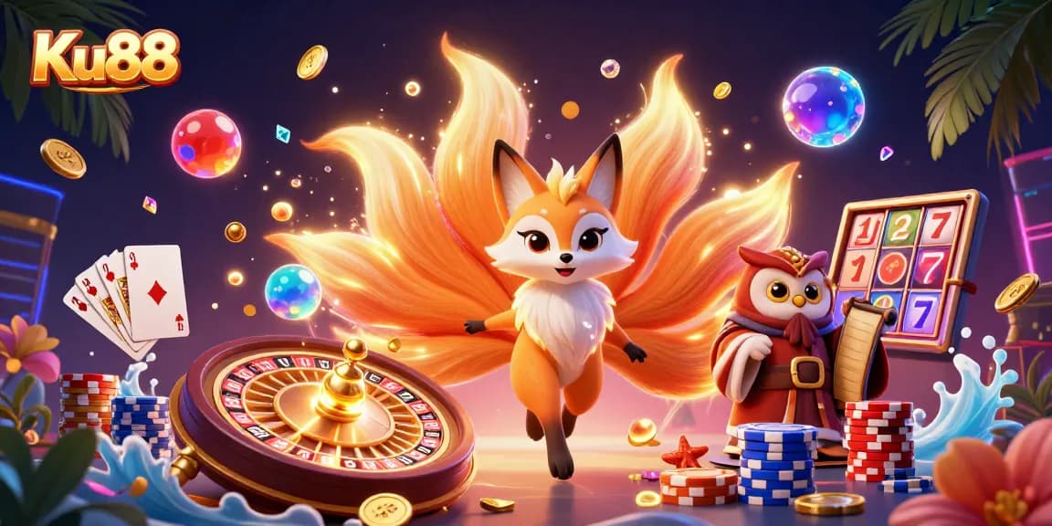 Experience the magic of Ku88 with vibrant casino elements and captivating characters.