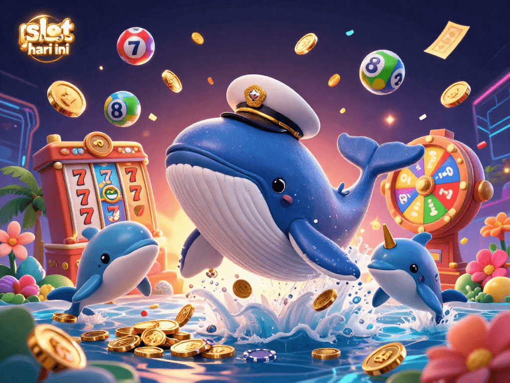 Celebrate big wins with slot gacor hari ini, featuring a whimsical whale in a sea of coins and slot elements.