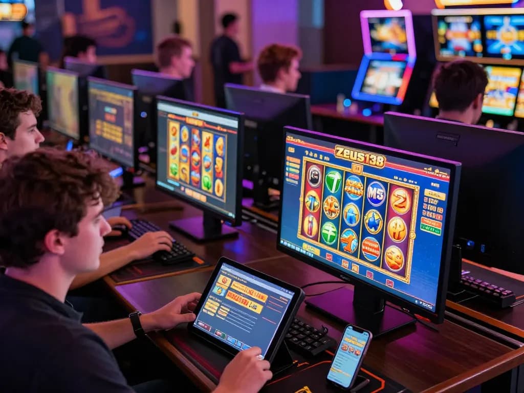 Engaging scene of players enjoying Zeus138 slot games online in a vibrant gaming atmosphere.