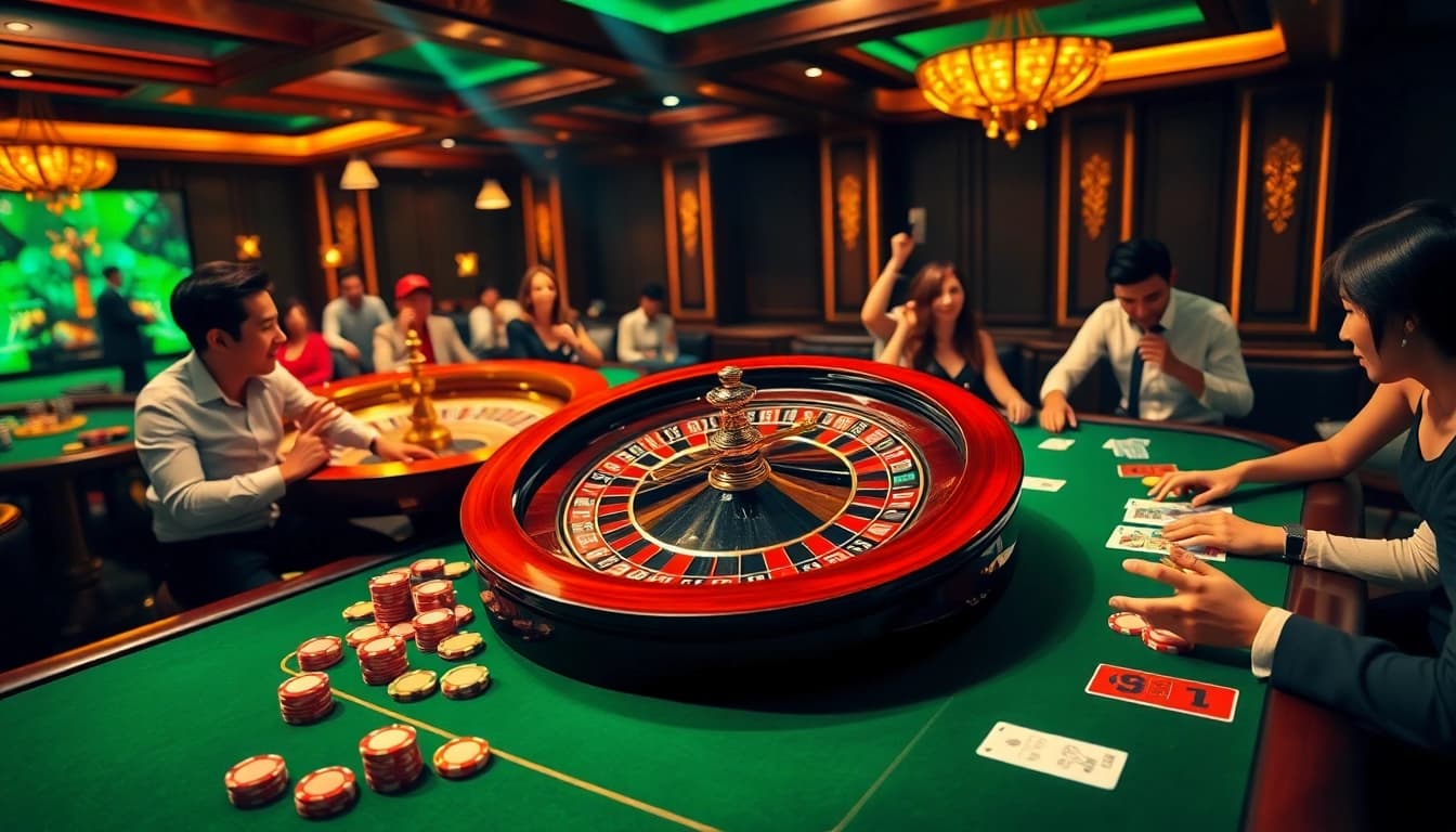 Players enjoying various games at GOAL123 casino, featuring roulette and poker excitement.