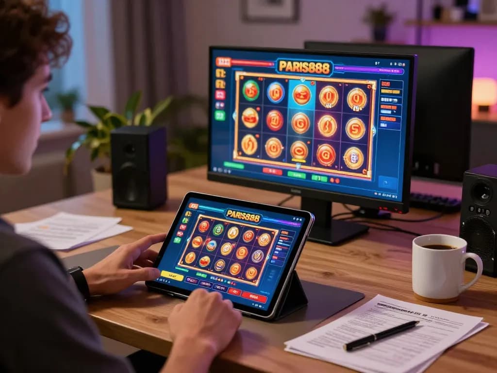 Player enjoying the Paris888 casino app on a tablet while seated in a cozy home gaming setup.