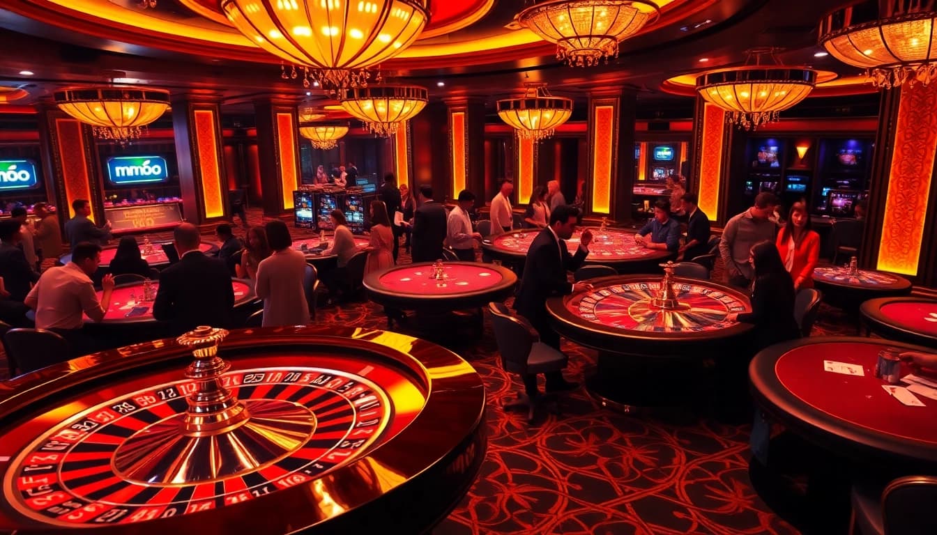 Excited players at a luxury casino featuring mmoo branding in a polished roulette scene.