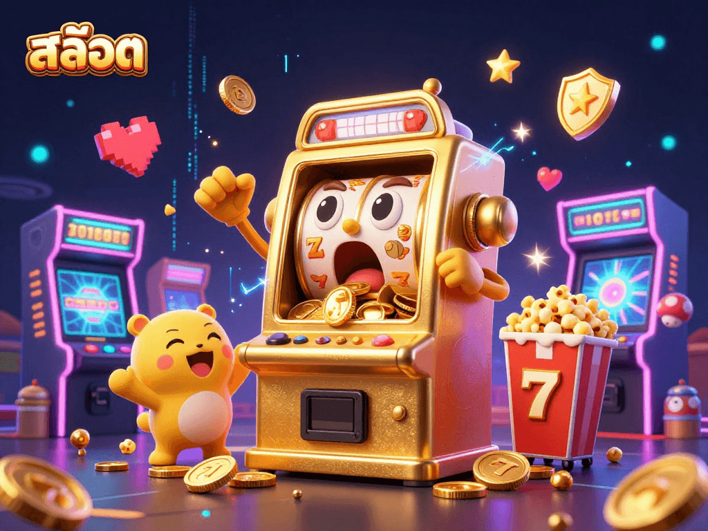 Experience the excitement of สล็อต with a golden slot machine hitting a jackpot and coins flying everywhere!