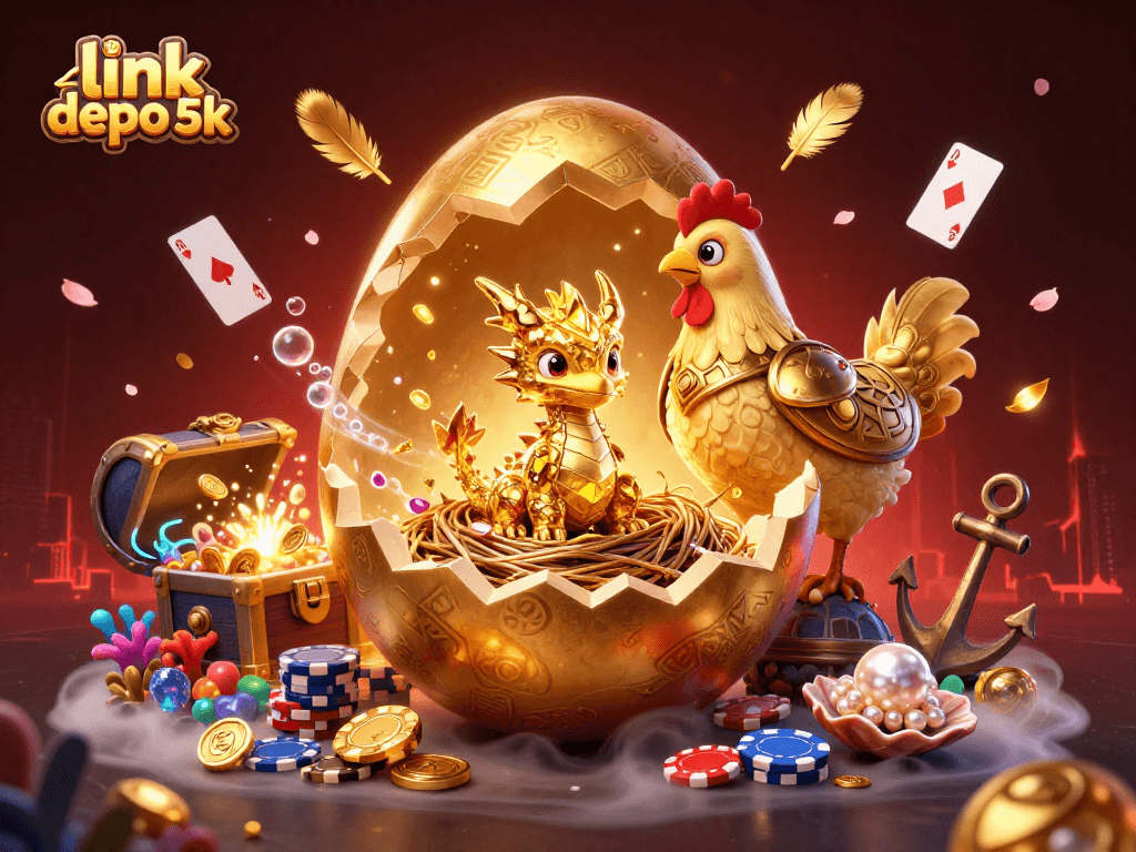 Spin and win with link depo 5k in a vibrant casino scene featuring golden dragon and poker chips.