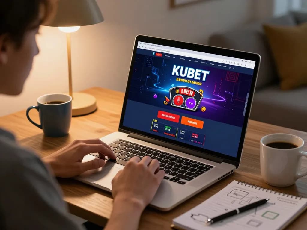 KUBET online gaming experience with a player enjoying a cozy casino setup at home.