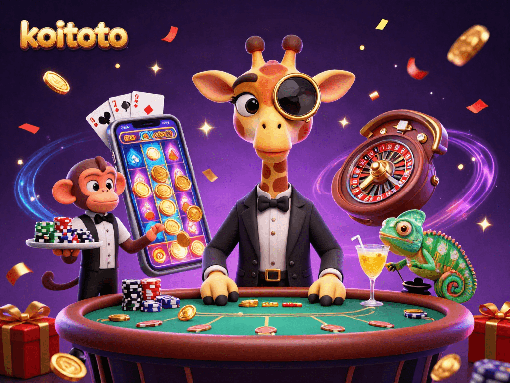 Koitoto gambling energized scene with a giraffe in a tuxedo engaging in poker while surrounded by animated casino elements.