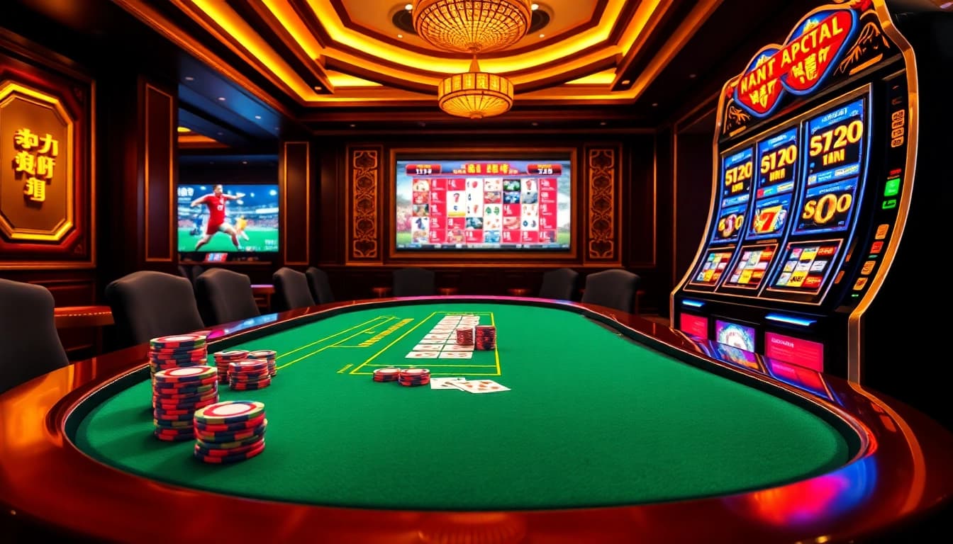 Professional dealing cards at Nhà cái uy tín hàng đầu châu Á live casino with vibrant poker chips and slot machines
