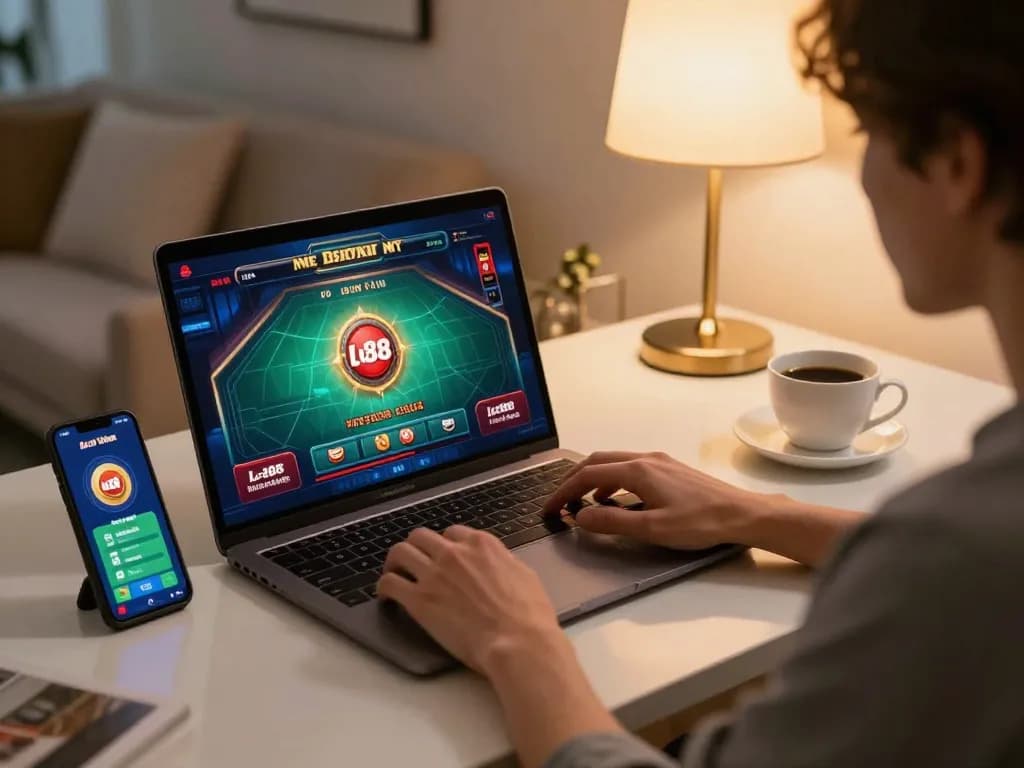 Engaged player enjoying Lc88 Vina online gaming experience at home, showcasing laptop and app.