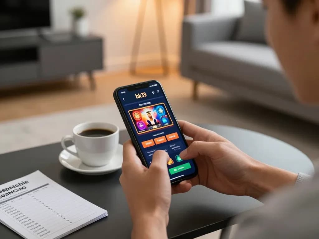 Engaging moment of a player using the bk33 app for online casino gaming at home while managing their bankroll.