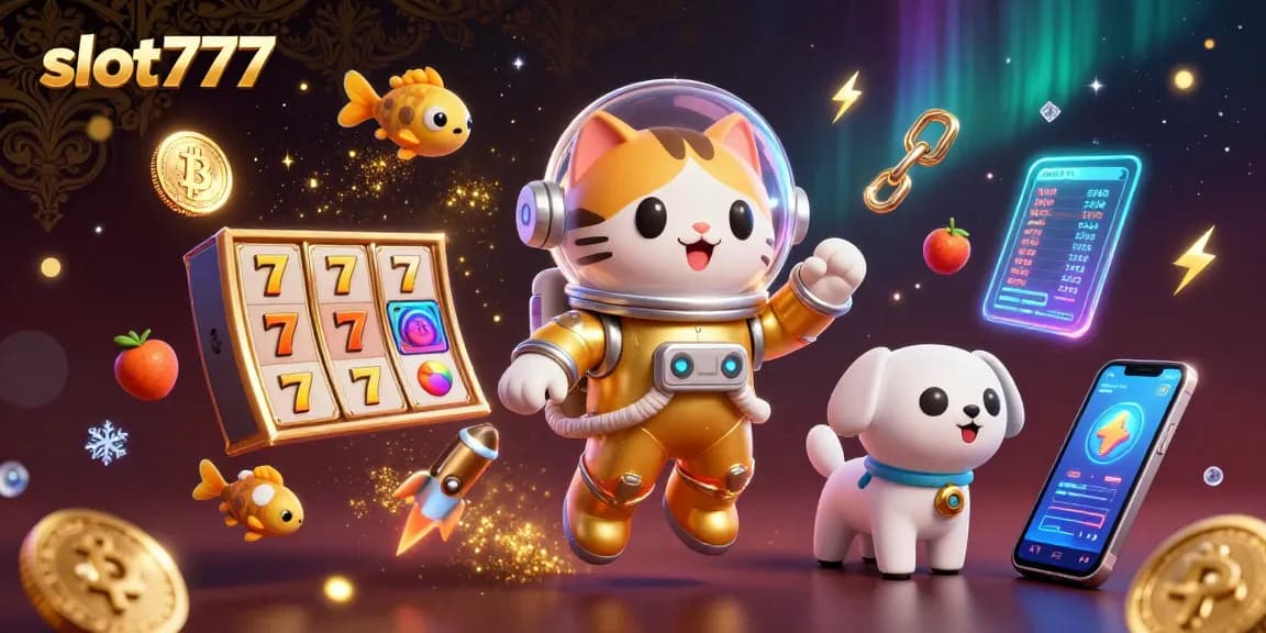 Experience the excitement of slot777 with a 3D illustrated scene depicting vibrant slot reels and dynamic characters.