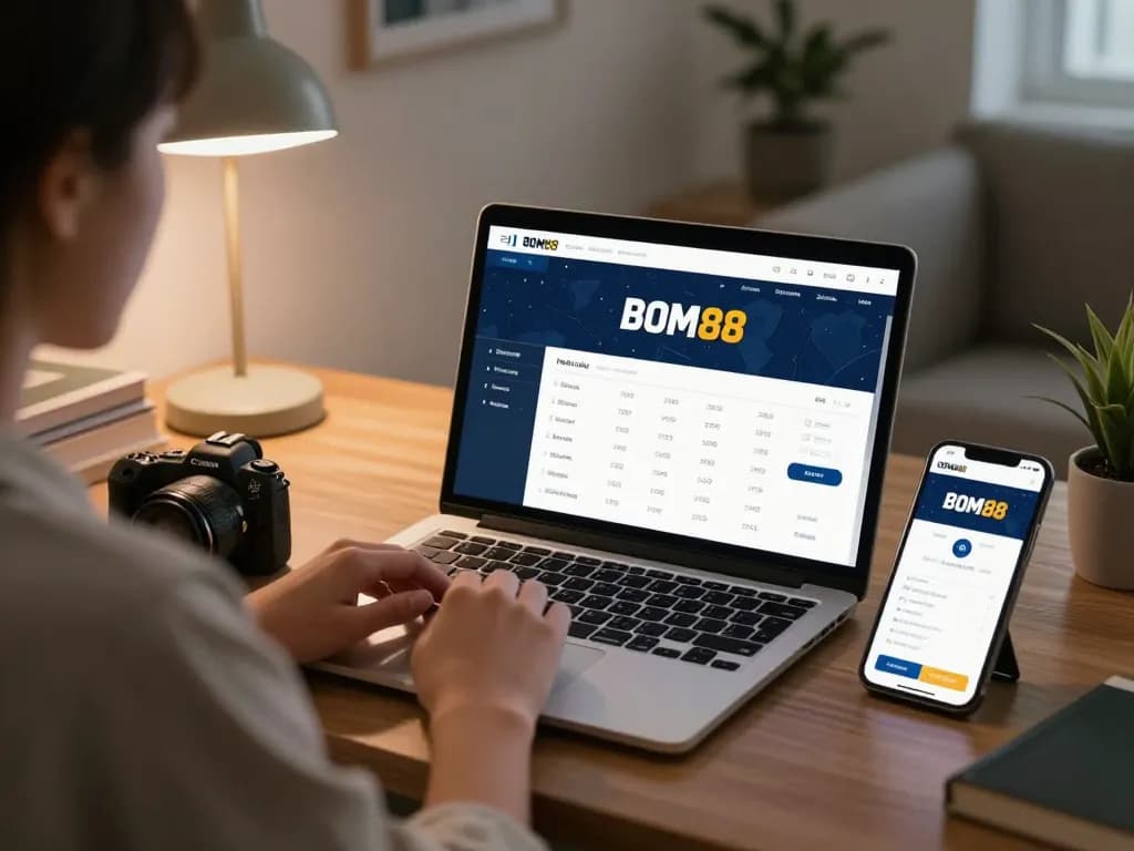 BOM88 user placing strategic bets on sports betting app in cozy home office.