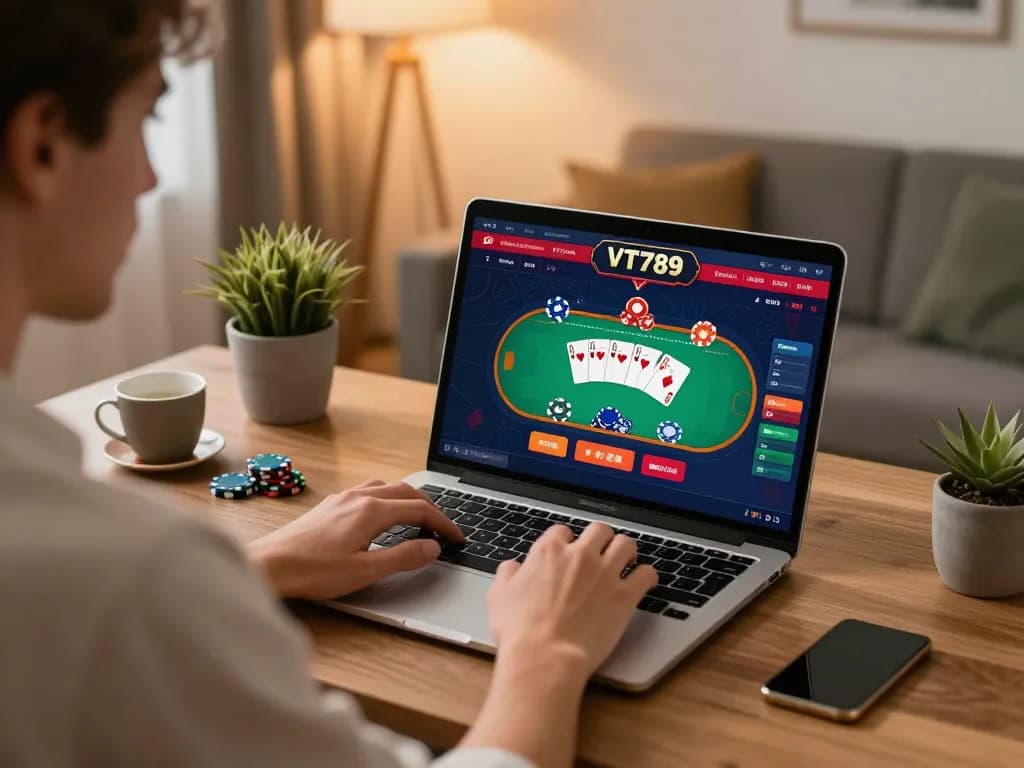 Pemain berinteraksi dengan kasino online VT789 di laptop, menampilkan antarmuka permainan poker yang menarik.