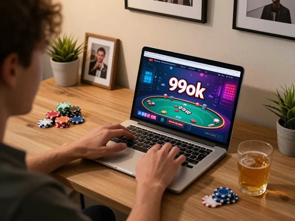 Person immersed in online gaming at 99ok, showcasing a vibrant poker interface on the laptop.