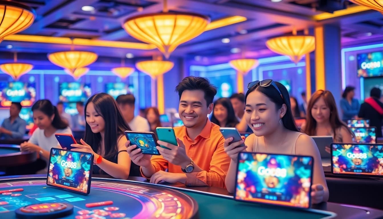 Exciting online gaming experience at https://go88.bio/ showcasing players engaged in Sicbo and Xoc Dia.