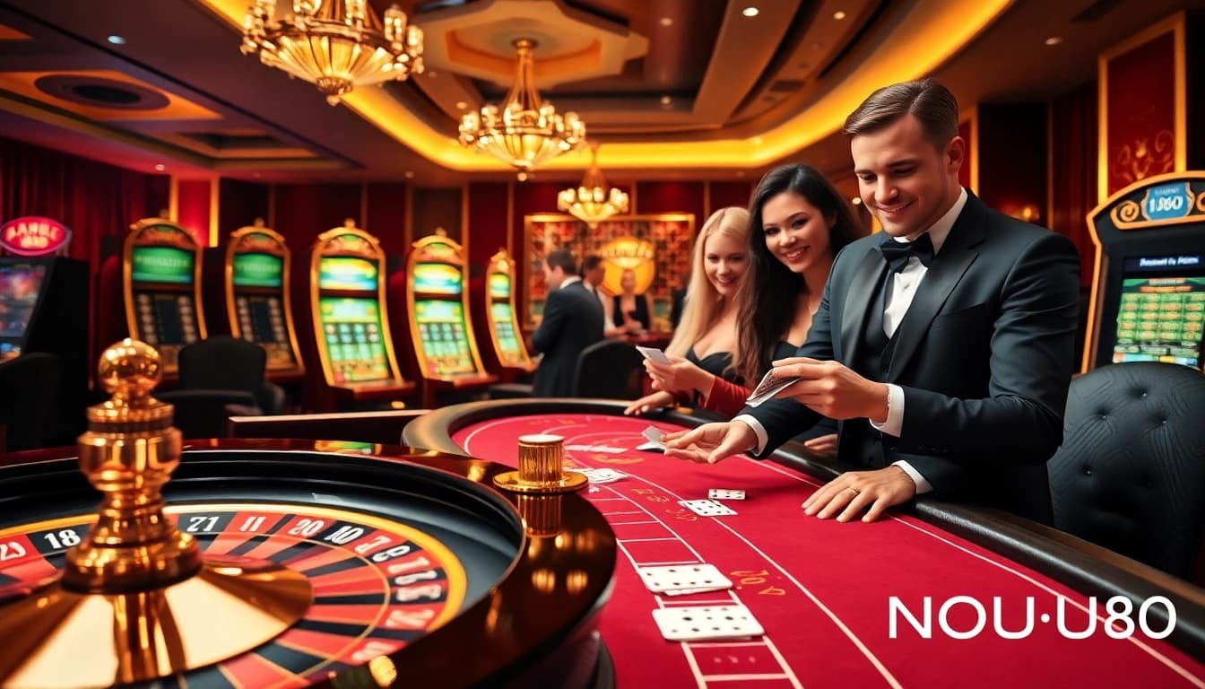 Engaging players at NOHU90 celebrate big wins at an elegant casino table, showcasing excitement in gambling.