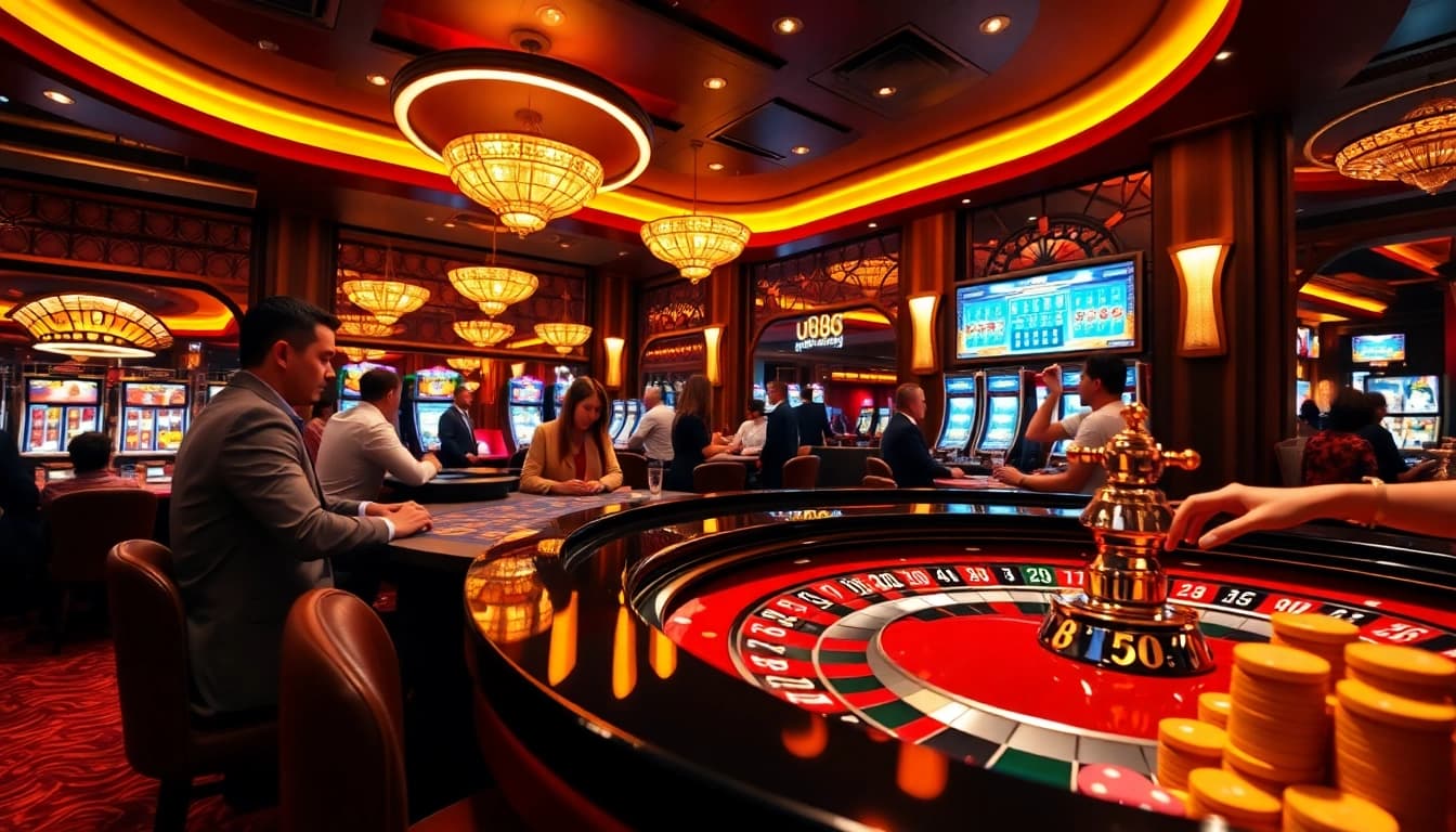 Action-packed casino scene showcasing excitement at uu88 with roulette, chips, and cards.