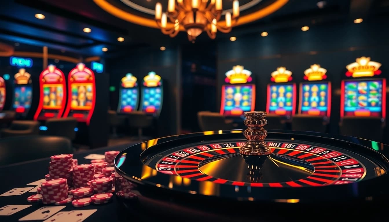 Exciting scene highlighting Trang chủ uu88 with roulette, poker chips, and slot machines.