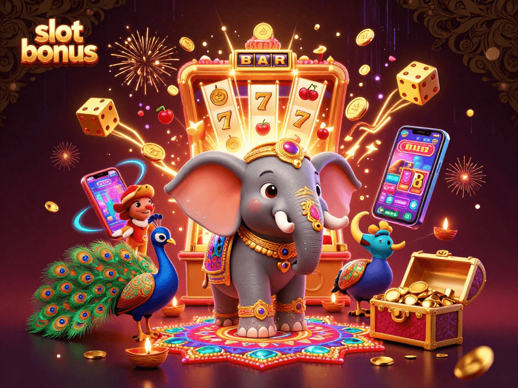 Engage with exciting slot bonus visuals featuring a vibrant elephant and peacock in a colorful casino scene.