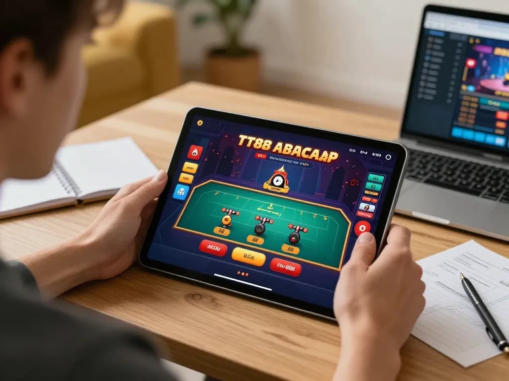 Engaging TT88 casino app experience on tablet with live dealer gameplay in modern home setting