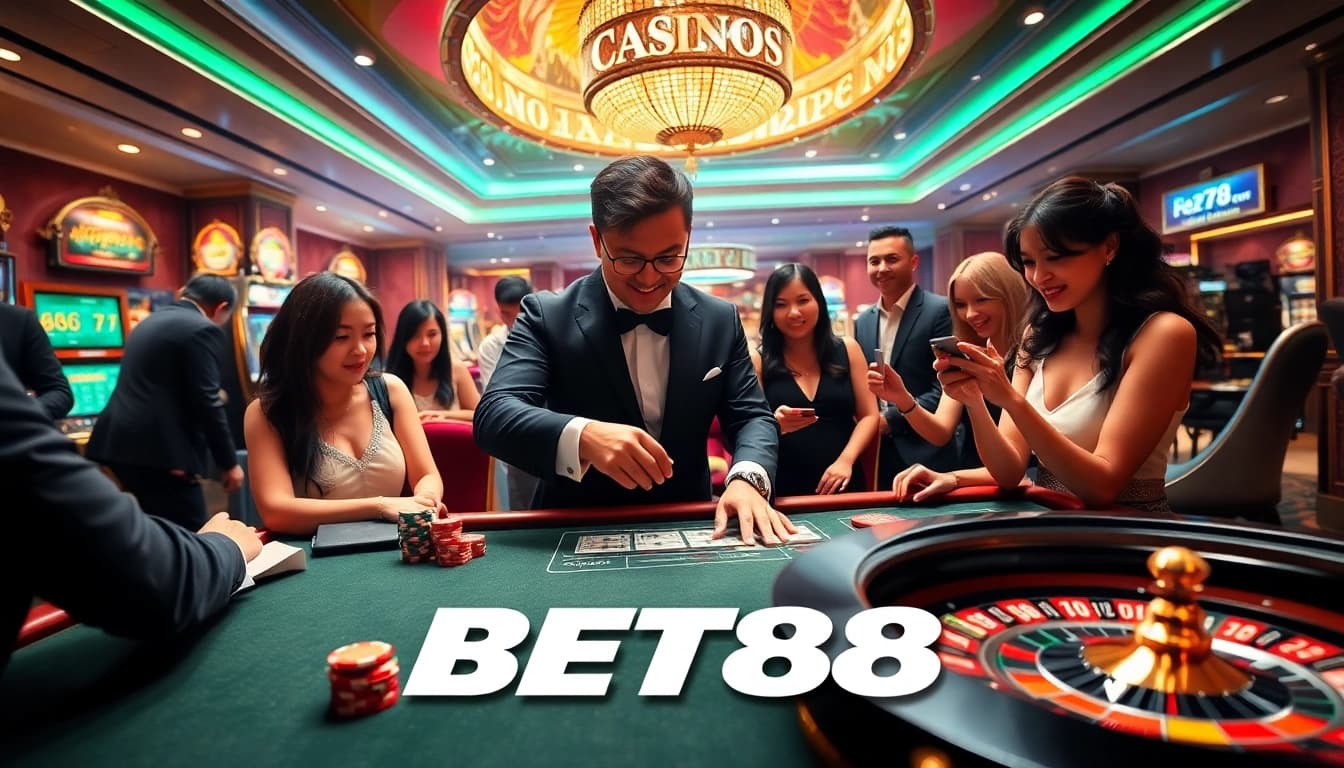 Experience the thrill of BET88 at a luxurious casino table with vibrant gaming action.