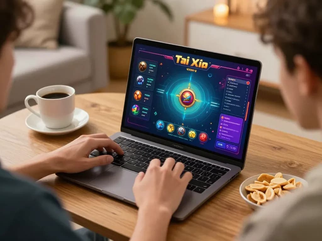 Tài Xỉu online gameplay in a cozy home setup, showcasing strategic engagement and responsible gambling.