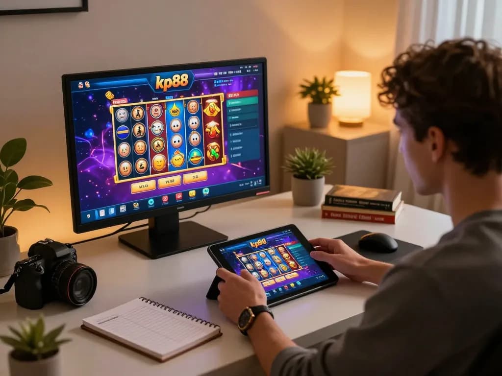 Player engaging with kp88 casino app on tablet amidst a cozy home setting.