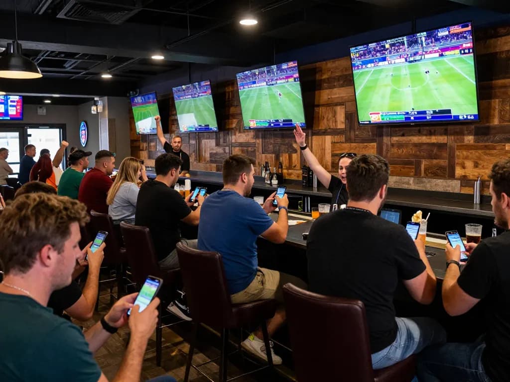 Watch gamblers in a lively sports bar using xo88 app for betting excitement