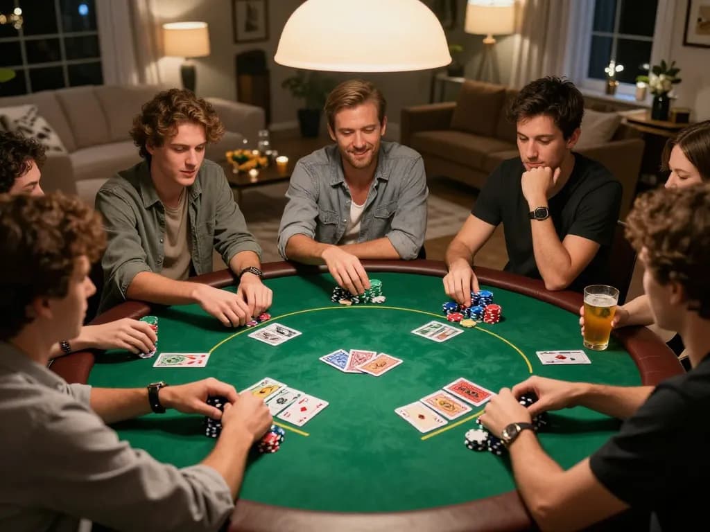 Engaging poker game night at home with friends, showcasing NK88 strategy and excitement.