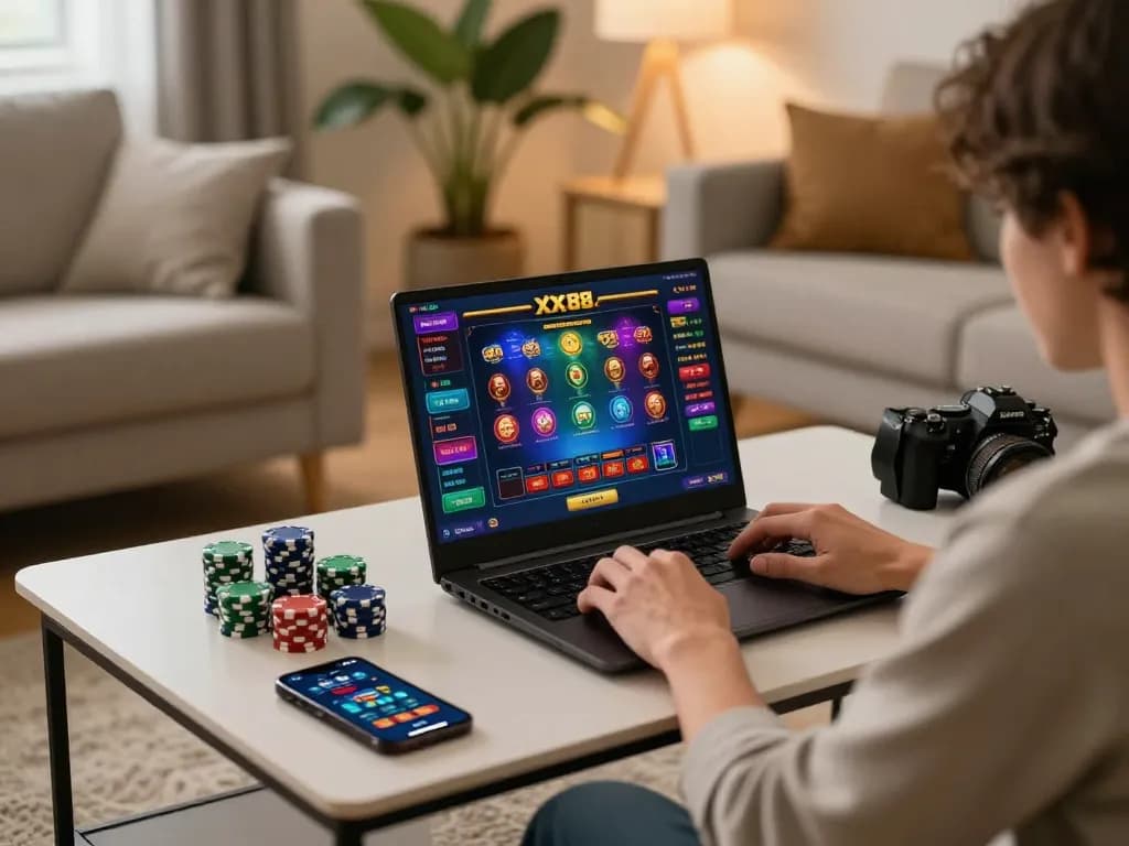Player engaging with XX88 online casino in a cozy living room setting, showcasing gaming strategy and excitement